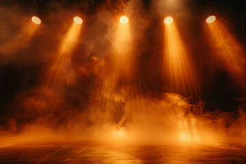 Fototapeta premium Concert stage against with dramatic lighting and atmospheric smoke. Empty musical stage with illuminated spotlights