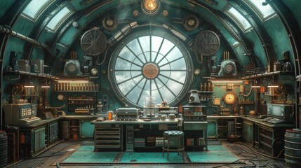 Obraz premium Steampunk submarine interior with intricate machinery and large porthole