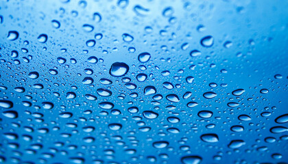 Close-up blue water drops, detail of blue surface water-repellent on glass for background. raindrop waterdrops with selective focus