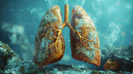 Smoker's lungs enveloped in smoke, illustrating the implications of smoking habits on human health - obrazy, fototapety, plakaty