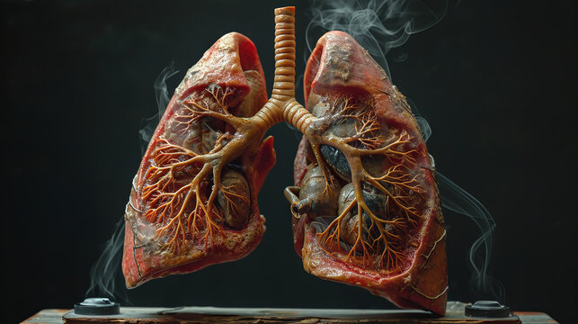  lungs of a smoker with smoke, the concept of the impact of smoking habits on human health, dark background