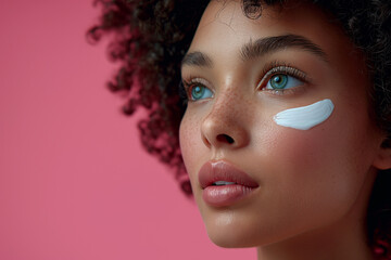 Young woman applies moisturizing anti-aging cream on her face. Beautiful black woman with face cream, skincare routine concept. Close up - obrazy, fototapety, plakaty