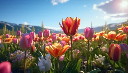 Zelfklevend Fotobehang field of tulips in sunlight. tulips blooming. © Juli Puli