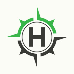 Compass Logo On Letter H Alphabet. Navigator Symbol