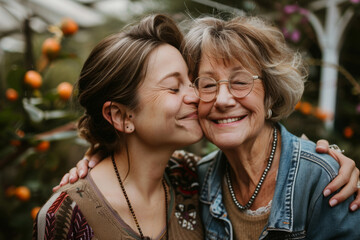 Smiling elderly woman receives kiss on cheek from her adult daughter in a heartfelt embrace. Tender moment. Concept of love and family affection