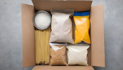 Obraz na płótnie Canvas Paper bag with Food supplies crisis food stock for quarantine. Pasta, buckwheat, sugar, rice. Donation. Top view