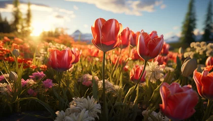 Fotobehang field of tulips in sunlight. tulips blooming. © Juli Puli