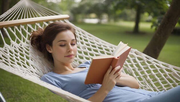 Portrait of woman lying on hammock and reading a book