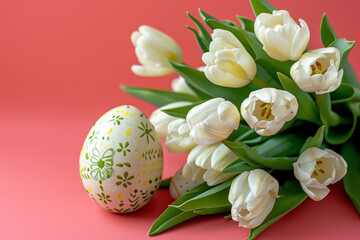 A bouquet of white tulips and a hand-painted Easter egg against a coral background, a classic composition for Easter celebrations.
