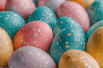 Fototapeta premium Macro shot of pastel-colored Easter eggs with golden speckles, evoking the playful spirit of a spring celebration.