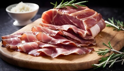 Raw bacon strips of pork meat.  Isolated on white background, top view.