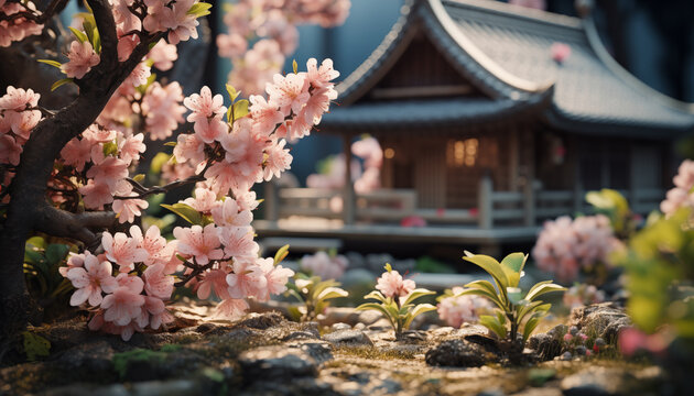 flowering tree against the background of an Asian house.