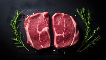 Raw flank beef steak, uncooked meat with herbs. Black background. Top view