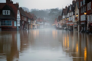 Flooded Historic English Street at Dusk