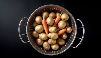 Raw washed potatoes in a colander.  Isolate, white background.