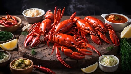 Red crayfish with dill, bay leaf and lemon in a plate. - obrazy, fototapety, plakaty