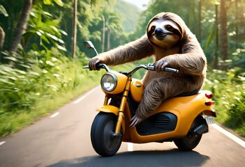 A Sloth riding a scooter in the jungle