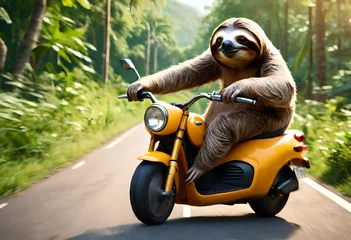 Selbstklebende Fototapeten A Sloth riding a scooter in the jungle © Qurat