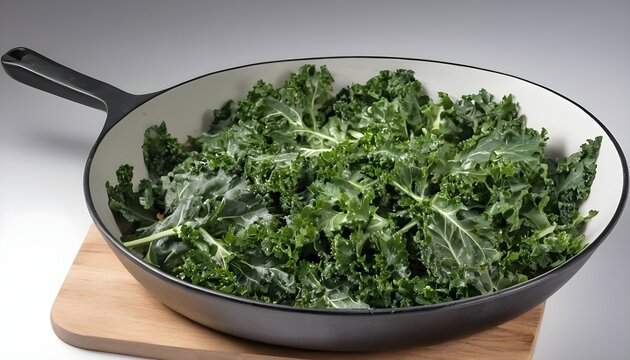 Raw Green Kale salad in a pan. Organic Vegetarian food. Isolated, white background
