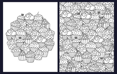 Doodle cupcakes coloring pages set. Black and white templates with sweet desserts. Outline background. Vector illustration
