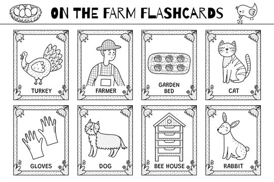 On the farm flashcards black and white set. Flash cards collection in outline for coloring. Learn farm vocabulary for school and preschool. Vector illustration