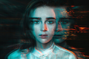 blurred portrait of a woman psychopath with schizophrenia and mental disorders. Schizophrenic girl in depression on a background with a glitch effect - obrazy, fototapety, plakaty