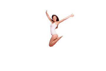 Fototapeta na wymiar Full length size body young gorgeous nice straight-haired funky lady wearing white sleepwear, jumping in air. Isolated over pink pastel background
