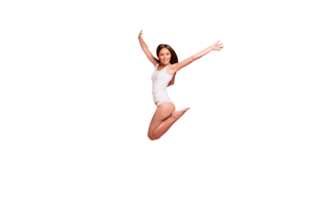 Full length size body young gorgeous nice straight-haired funky lady wearing white sleepwear, jumping in air. Isolated over pink pastel background