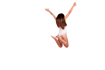 Rear behind back view full length size body of young gorgeous nice straight-haired lady wearing sleepwear, jumping in air. Isolated over pink pastel background