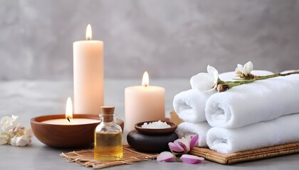 Obraz na płótnie Canvas Spa massage concept, herbal compress ball, cream, flower soap, scented candle and Himalayan pink salt, isolated on white