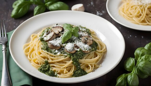 Spaghetti Pasta with pesto sauce, spinach and parmesan