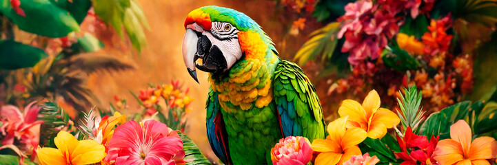 Fototapeta premium parrot in the jungle in tropical flowers. Selective focus.