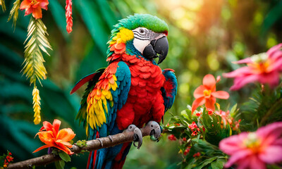 parrot in the jungle in tropical flowers. Selective focus.
