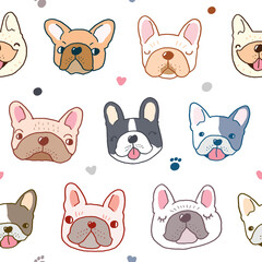 Seamless Pattern with Cartoon French Bulldog Face Design on White Background