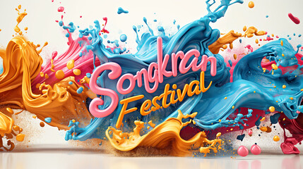 Colorful text "Songkran festival" and background is a color splash ,for banner or poster. Generative Ai Illustration. 