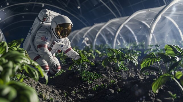 Craft an image depicting astronauts cultivating crops in a lunar greenhouse, showcasing the development of sustainable agriculture on the Moon