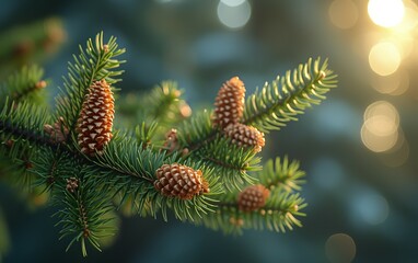 Christmas Background with beautiful green pine tree brunch close up.