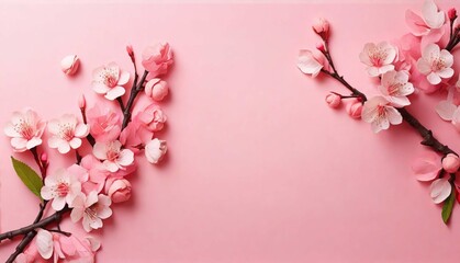 Banner with peach blossom on pink background. Greeting card template for Wedding, mothers or womans day. Springtime composition with copy space. Flat lay style
