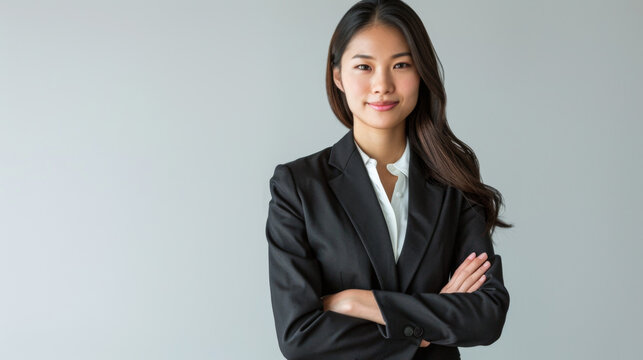 Beautiful studio portrait of young, stylish asian executive businesswoman, arm crossed, wearing black blazer suit, looking at camera with confidence on white background
