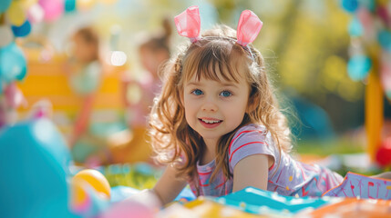 Specially designed areas for children for the Easter holiday. A little girl sitting in the park on the grass with Easter decorations.