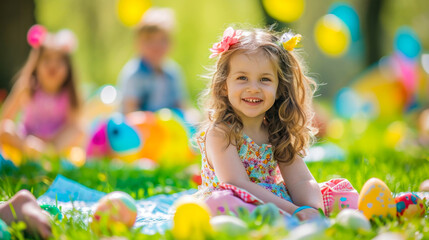 Specially designed areas for children for the Easter holiday. A little girl sitting in the park on the grass with Easter decorations.