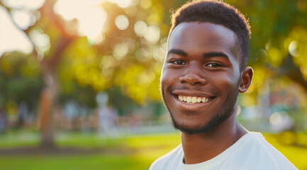 Young, man and portrait of a male laughing in a park for peace, contentment and vitality. Happy, smiling and confident african boy radiating positivity outdoors for peace, happiness and exploration - obrazy, fototapety, plakaty
