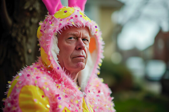 A disgruntled man in a pink Easter bunny holiday costume. Close-up