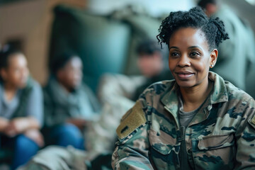 Challenges Faced by Female War Veterans: Female war veterans discussing the unique mental health challenges they face, shedding light on gender-specific aspects of veteran experiences. - obrazy, fototapety, plakaty