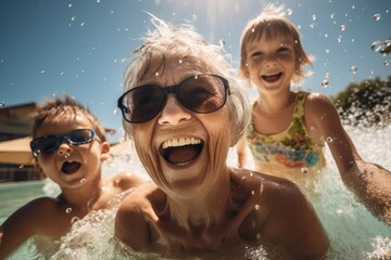 Happy grandmother and grandchildren enjoy time together during summer holidays, they splashing in outdoor pool. 