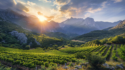 Landscape with mountain peaks in sunset grape yards in