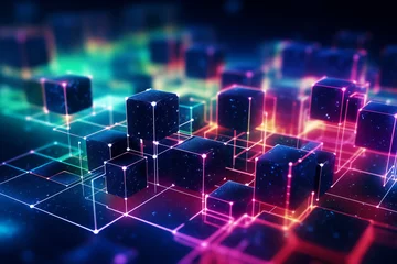 Fotobehang Futuristic 3d digital illustration of a neon blockchain network with glowing cubes, abstract encryption, and cyber security technology on a virtual grid background in blue and purple lights © Татьяна Евдокимова