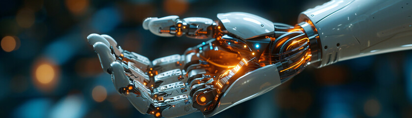 A close-up of a robotic hand with intricate details, highlighting the increasing sophistication and dexterity of machines. This image showcases the advancements in robotics that are blurring the lines