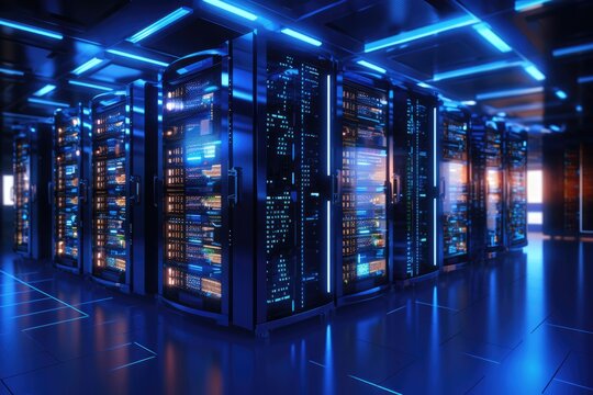 Empty modern server room with server racks glowing blue lights in datacenter, data storage, cloud storage, mining farm.
