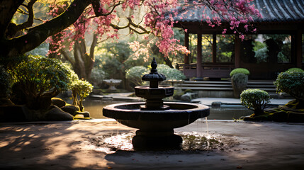 Japanese Tea Garden Photography, A charming tsukubai fountain nestled within a meticulously manicured Japanese tea garden, surrounded by vibrant maple trees and delicate cherry blossoms in full bloom